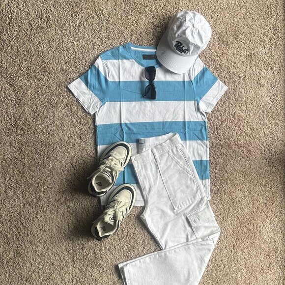 New SELECTED Blue & White Striped Cotton T-Shirt - Size L (Unisex) - Picture 1 of 6